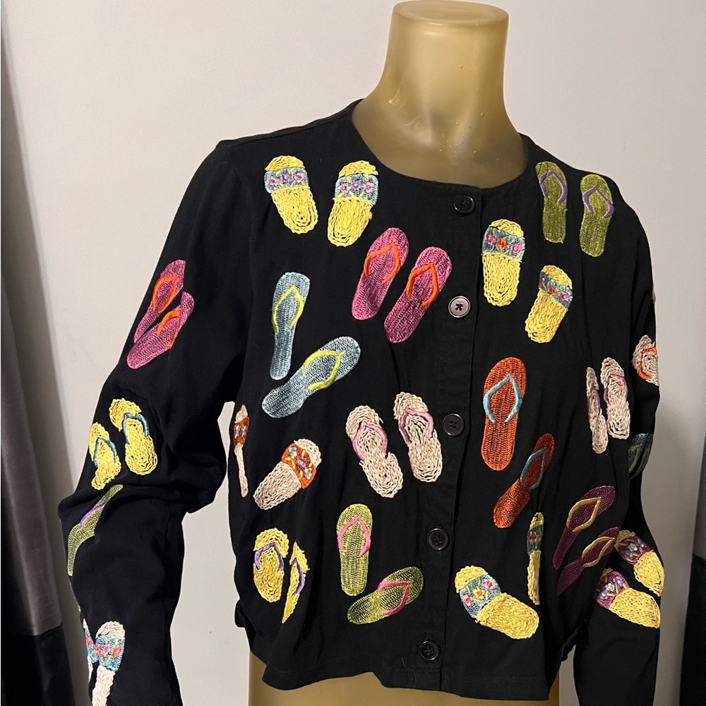 Flip-Flops - Michael Simon Embroidered  Button Front - Short Cardigan - Size L